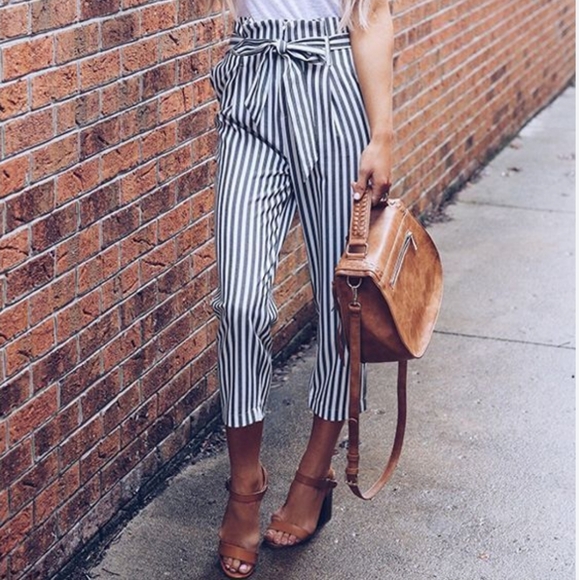 🆕 Zara Stripped Pants. Elastic Waist. Sash Belt - Hand Pockets - Picture 3 of 12